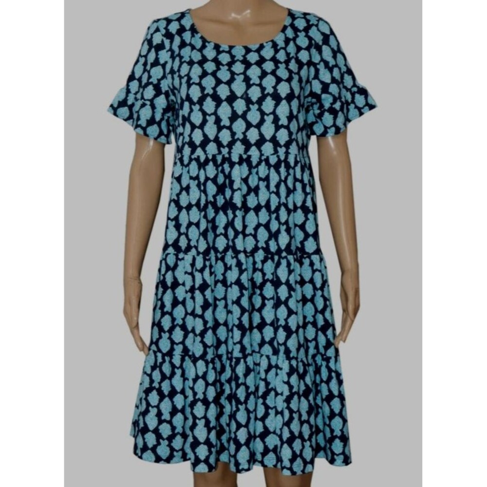 Lilly Pulitzer Dress Womens L Jodee Short Sleeve Swing Printed Jersey Blue Fish